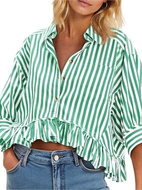 Striped Green and White Ruffle-Hem Button Front Blouse